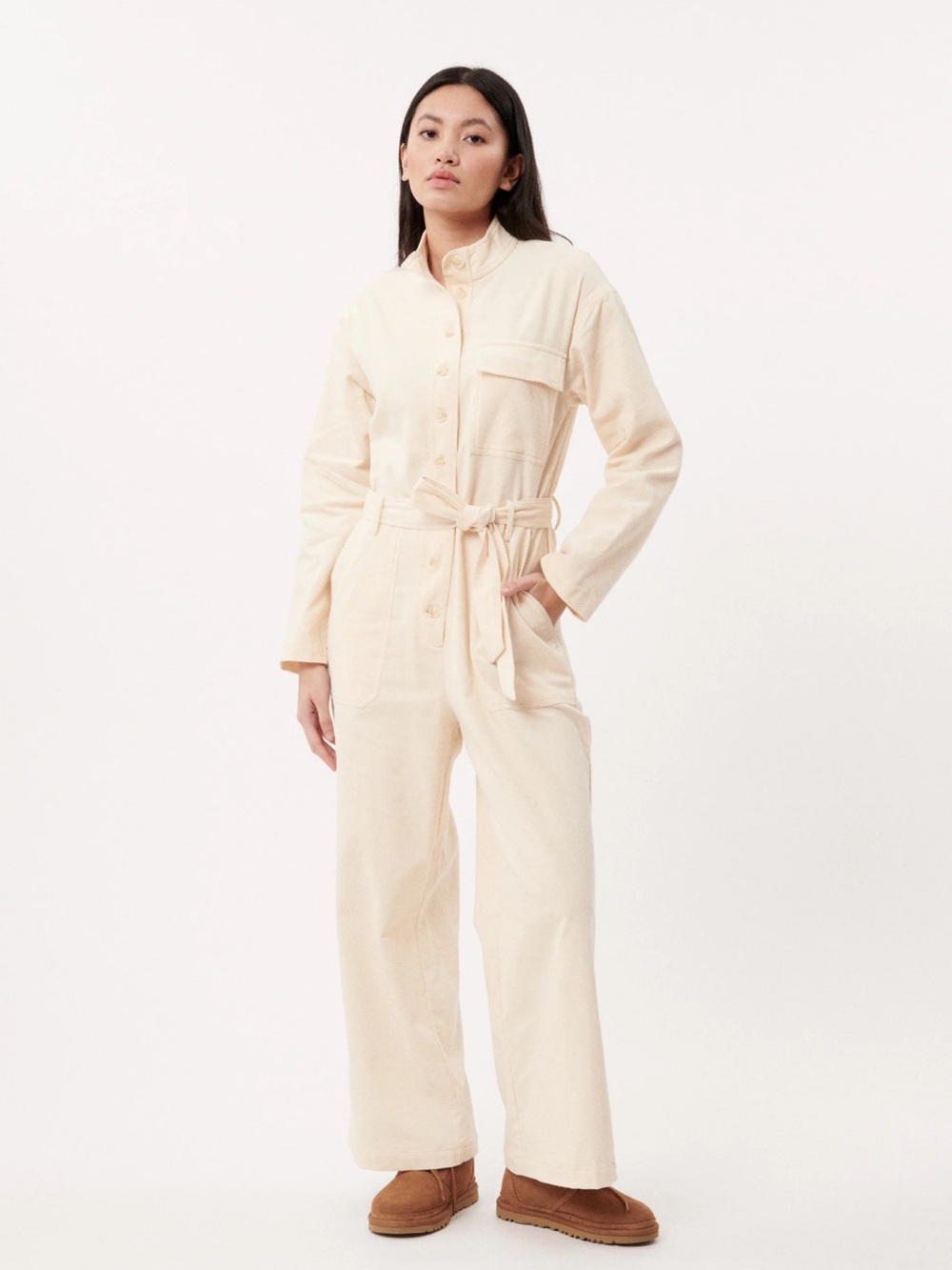 FRNCH Paris Cream Tie-Waist Utility Jumpsuit Small
